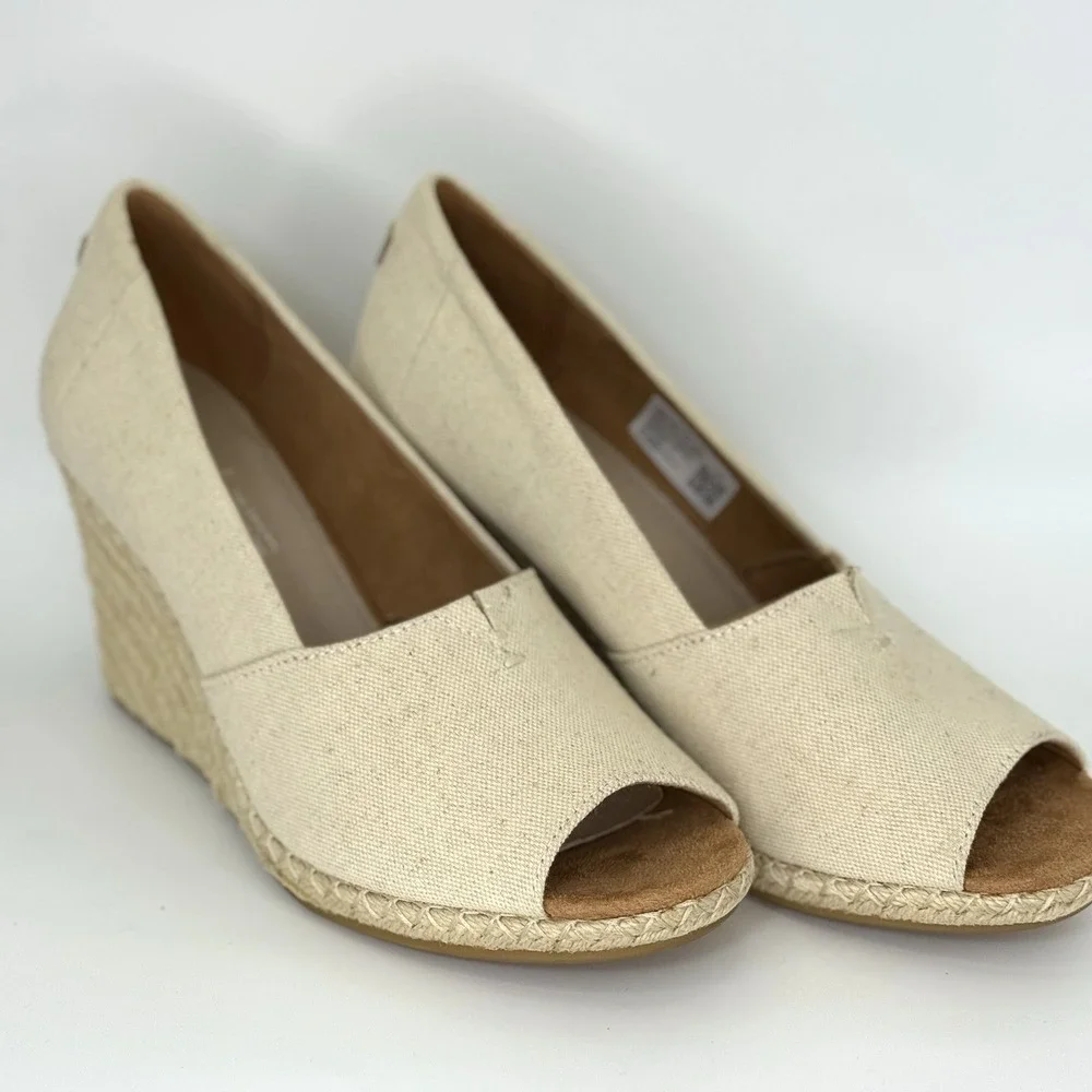 TOMS Canvas Espadrille Wedge Heels‎ Women's 9.5 Open Toe Natural Jute Sole